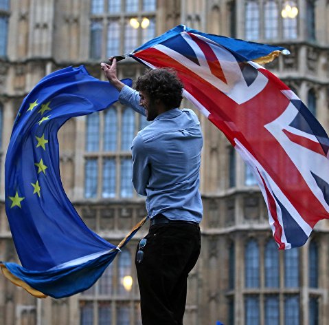 !Участник протеста против Brexit возле здания парламента в Лондоне