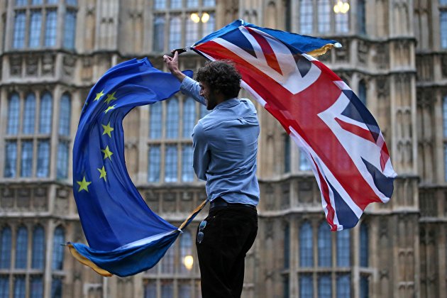 Участник протеста против Brexit возле здания парламента в Лондоне