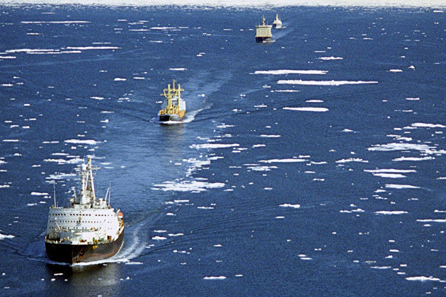 Караван транспортных судов в сопровождении ледоколов проходит по Северному морскому пути