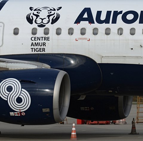Самолет Airbus А319 дальневосточной авиакомпании "Аврора" в аэропорту Владивостока