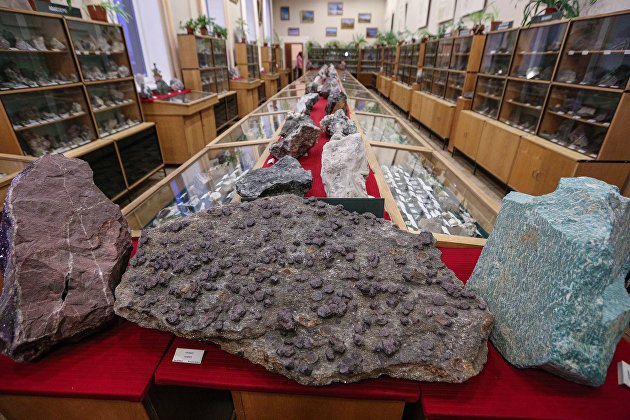 Экспонаты в музее минералов Кольского научного центра Российской академии наук