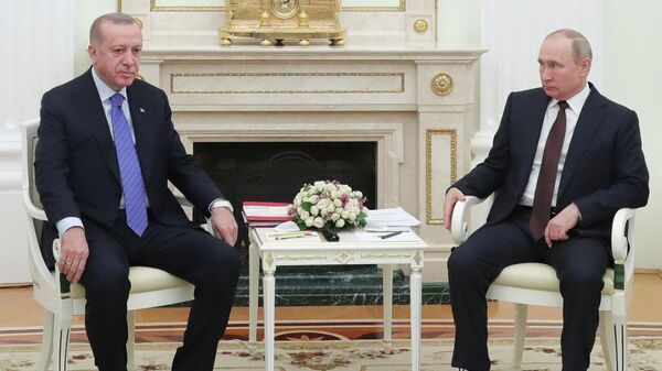 Президент РФ Владимир Путин и президент Турции Реджеп Тайип Эрдоган во время встречи