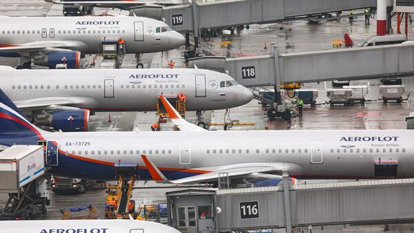 Самолеты авиакомпании Аэрофлот в международном аэропорту Шереметьево им. А.С. Пушкина