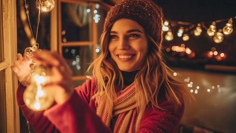 Девушка вешает украшения к Новому году