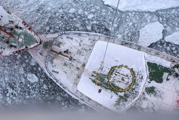 Ледокол Адмирал Макаров ведет рефрижератор Берег Надежды в безопасные воды.