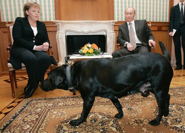 Канцлер Германии Ангела Меркель и Владимир Путин со своей собакой Кони во время встречи в сочинской резиденции президента России Бочаров ручей. 21 января 2007 года.