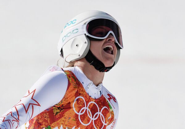 Джулия Манкусо (США) на финише в суперкомбинации на соревнованиях по горнолыжному спорту среди женщин на XXII зимних Олимпийских играх в Сочи.