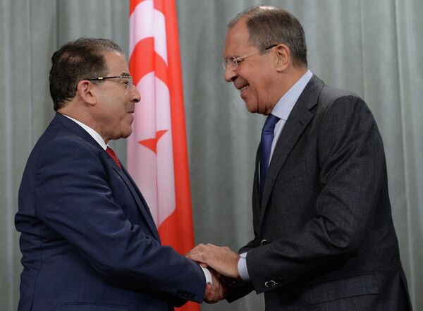 Рабочая встреча министров иностранных дел РФ и Туниса Сергея Лаврова и Монжи Хамди