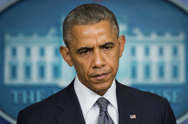 *Президент США Барак Обама во  время выступления в Белом доме, Вашингтон