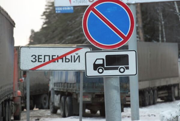 *Грузовики на парковке для большегрузных машин за Московской кольцевой автомобильной дорогой