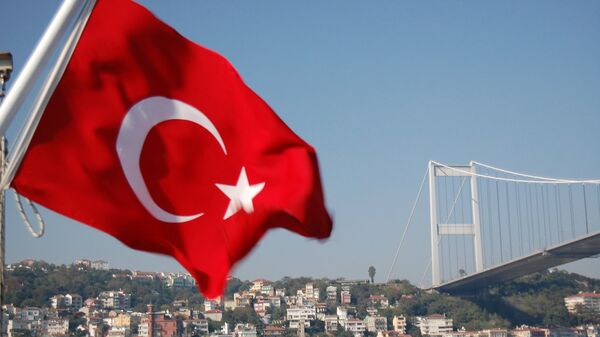 %Турецкий флаг на фоне моста через Босфор в Стамбуле