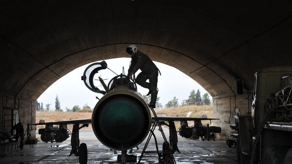 *Сирийский летчик осматривает самолет МИГ-21 сирийских ВВС перед вылетом на авиабазе Хама