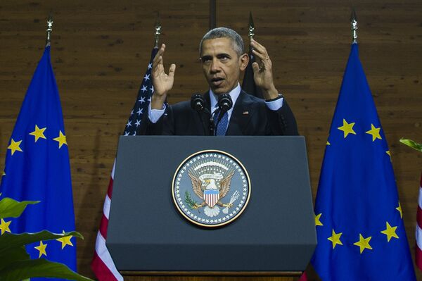 Президент США Барак Обама во время выступления в Ганновере, Германия. 25 апреля 2016