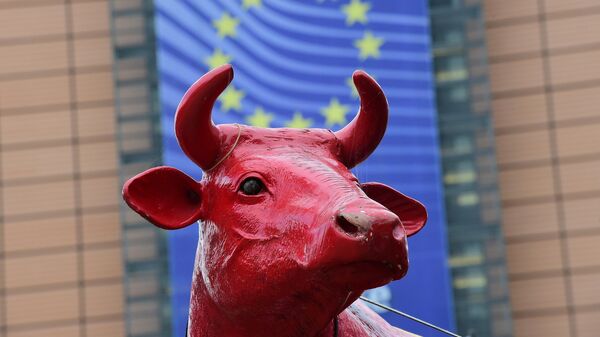 #Фигура коровы, установленная протестующими фермерами у здания Еврокомиссии в Брюсселе, Бельгия