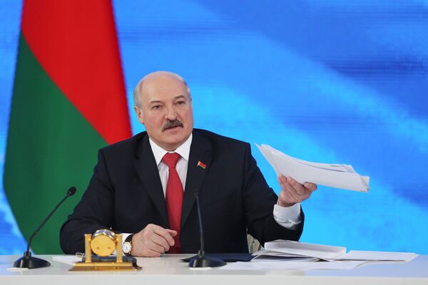 Президент Белоруссии Александр Лукашенко на пресс-конференции в Минске.
