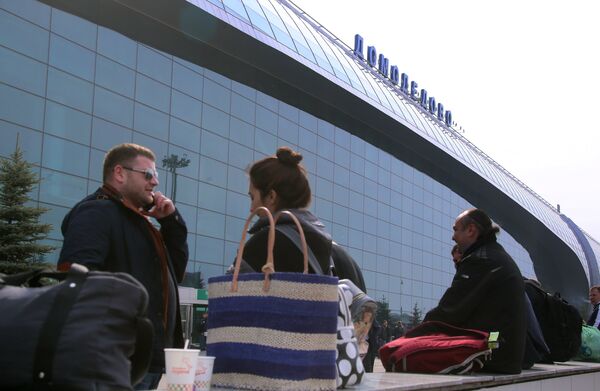 %Пассажиры перед терминалом в аэропорту Домодедово