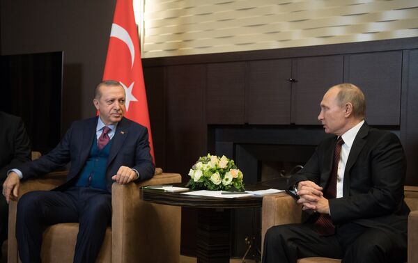 # Президент РФ Владимир Путин и президент Турции Реджеп Тайип Эрдоган во время встречи. 13 ноября 2017