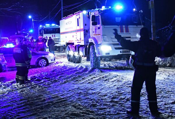 Автомобили МЧС России в Раменском районе Московской области, где самолет Ан-148 Саратовских авиалиний рейса 703 Москва-Орск потерпел крушение 11 февраля 2018 года