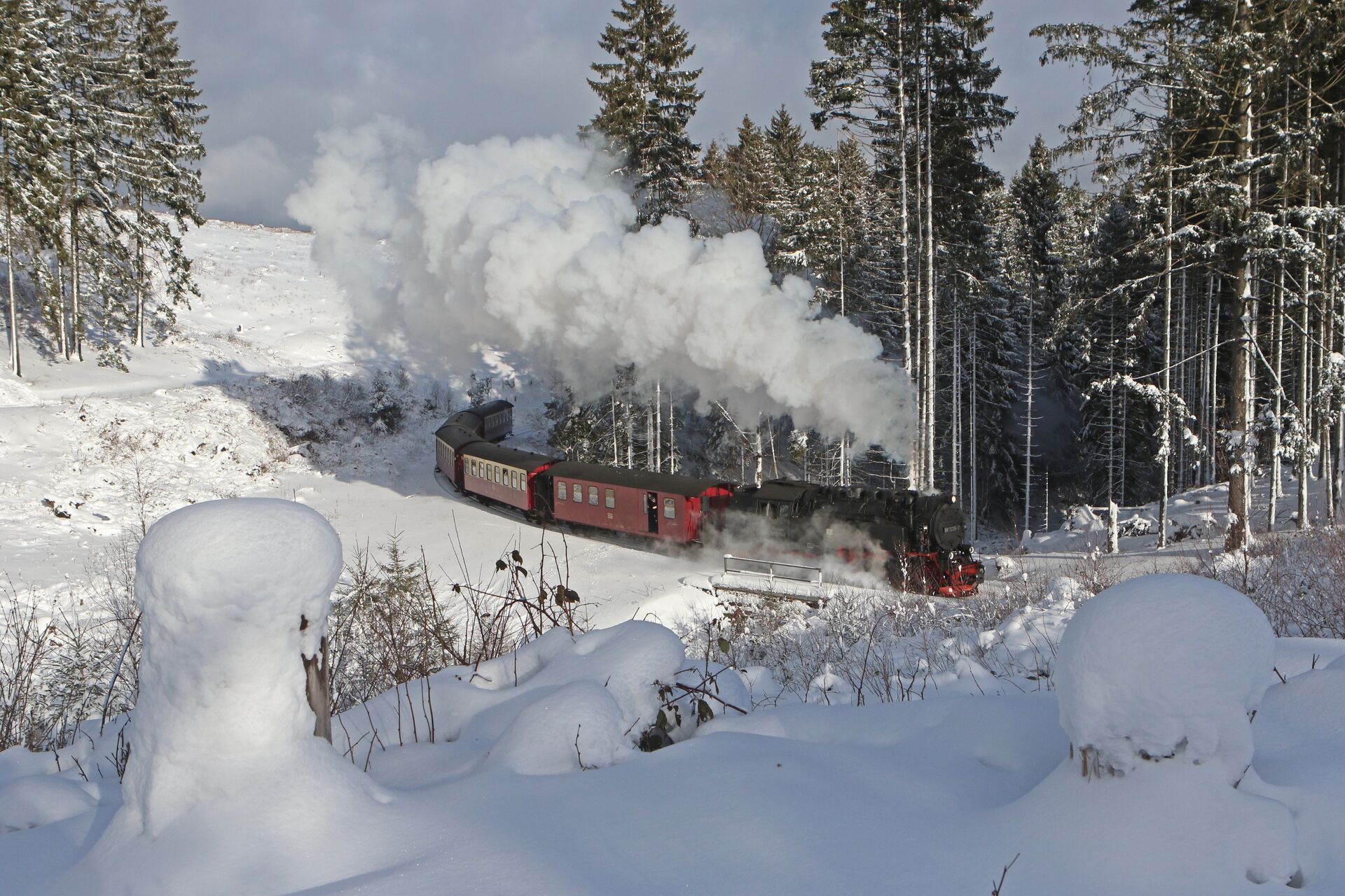 Поезд едет по заснеженному лесу неподалеку от города Вернигероде, Германия - ПРАЙМ, 1920, 24.01.2024