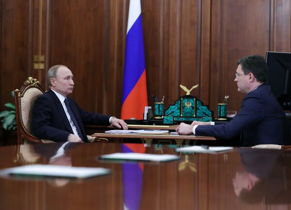 Владимир Путин и министр энергетики РФ Александр Новак во время встречи. 29 марта 2018