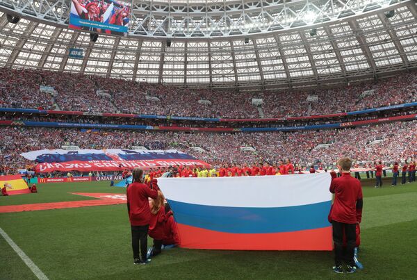 %Вынос российского флага перед началом матча Испания - Россия