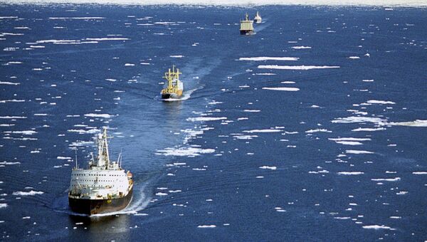 % Караван транспортных судов в сопровождении ледоколов проходит по Северному морскому пути