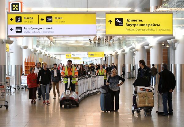 %Пассажиры с чемоданами в аэропорту Шереметьево