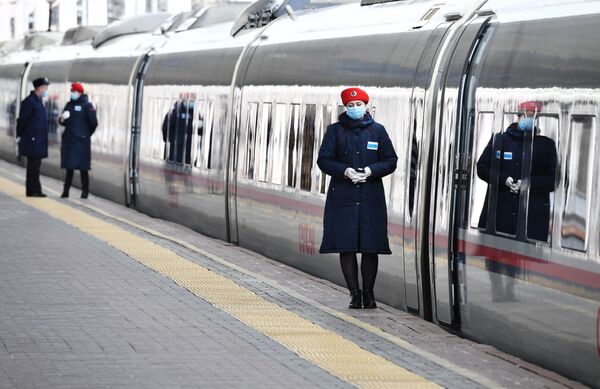 Поезд Сапсан на Ленинградском вокзале в Москве