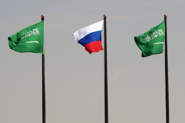 Государственные флаги РФ и Саудовской Аравии в аэропорту имени короля Халеда в Эр-Рияде