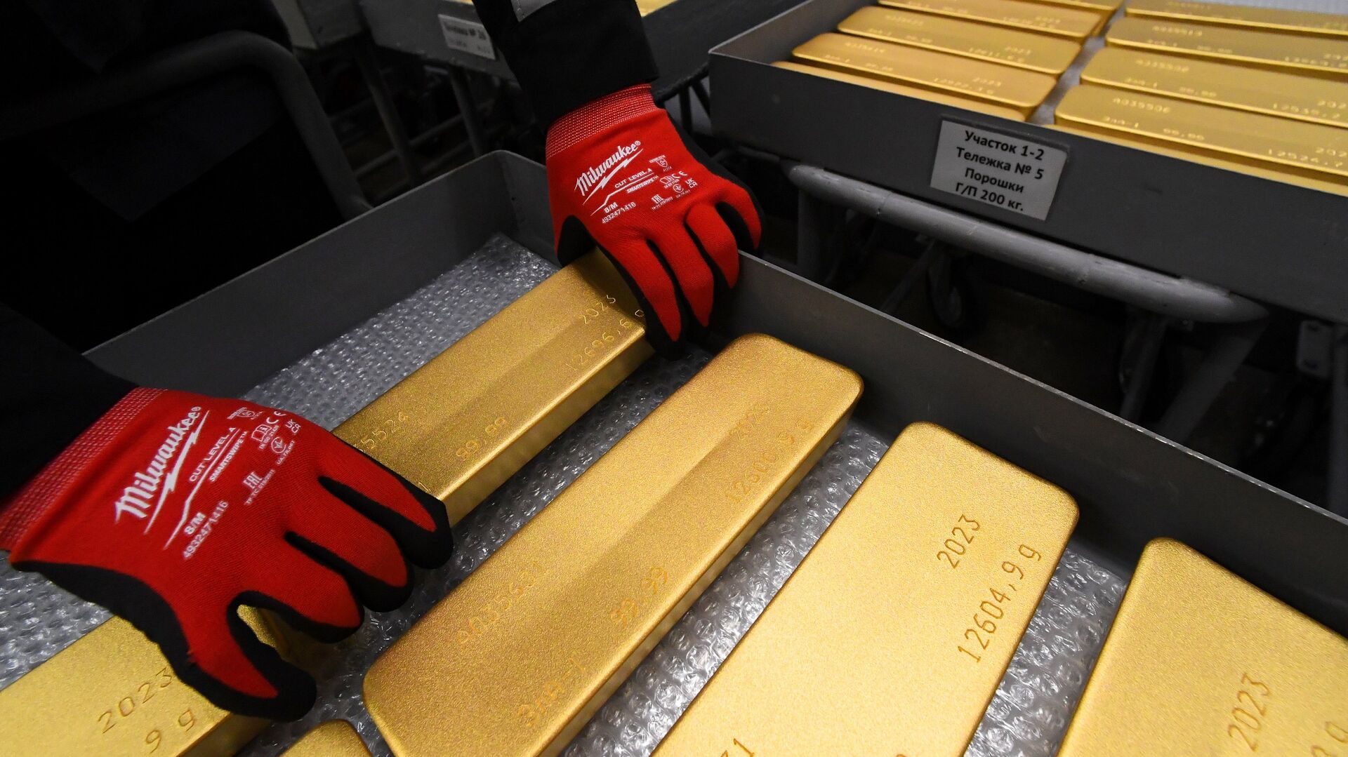 Сотрудник помещает на тележку готовый маркированный слиток золота высшей пробы 99,99% чистоты - ПРАЙМ, 1920, 27.02.2024